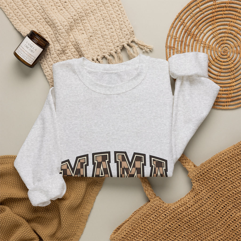 Checkered Varsity Letters Sweatshirt Mama Baby Gift Women Powerful Sweatshirt Varsity Jacket Sweatshirt Mom Fan Bold Sweatshirt Infant Graphic Old School Grid