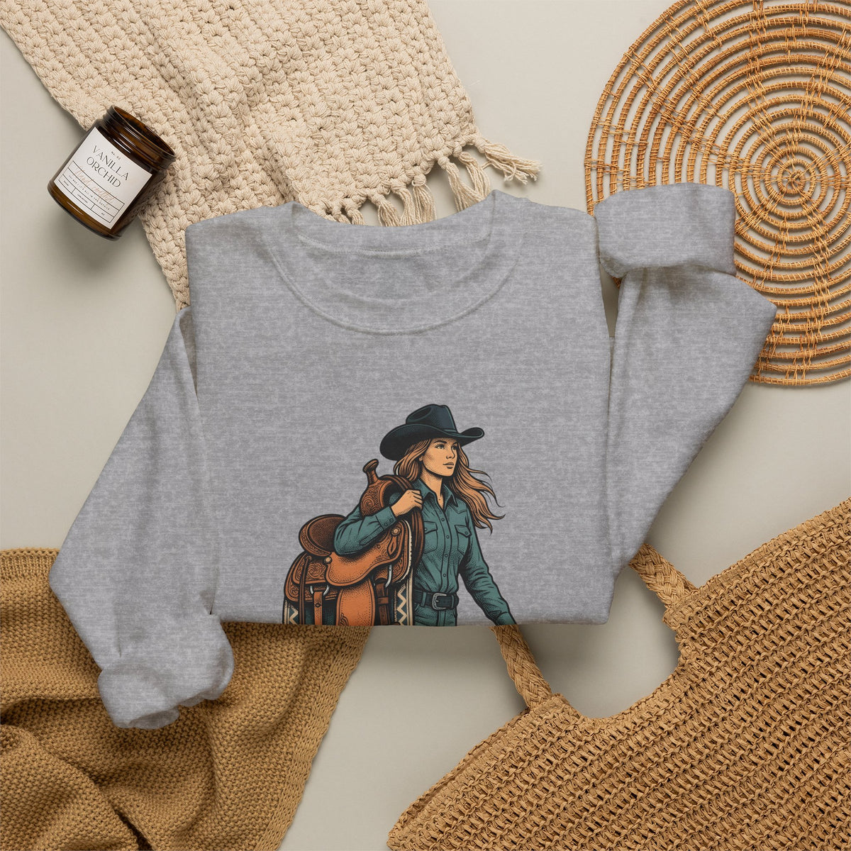 Cowgirl Saddle Cowgirl Western Gift Vintage Saddle Cowboy Fan Retro Rodeo Hand Drawn Cowboy Sweatshirt