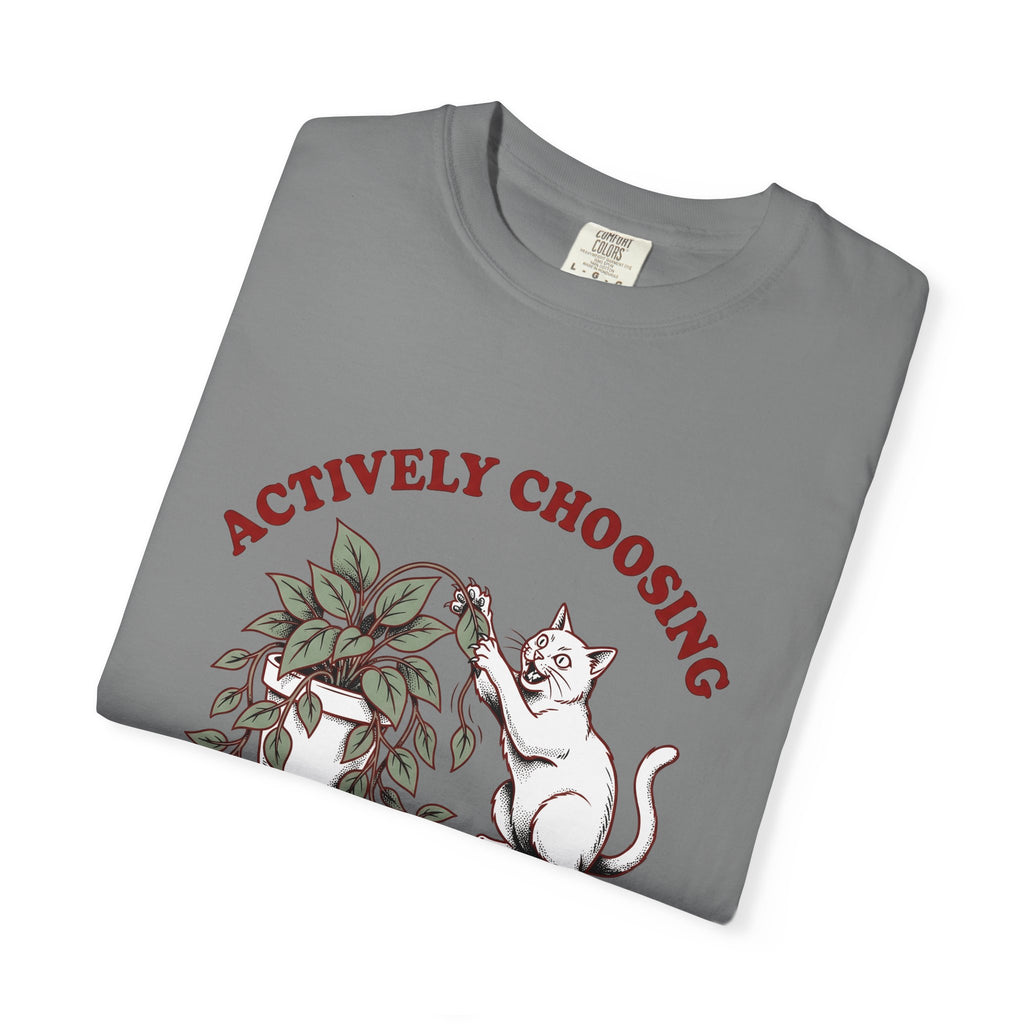 Feline Foliage T-Shirt Cat Comedy Gift Women Classic T-Shirt Cat Foliage T-Shirt Cat Fan Vintage T-Shirt Humor Graphic Ink Drawing Potted Plant
