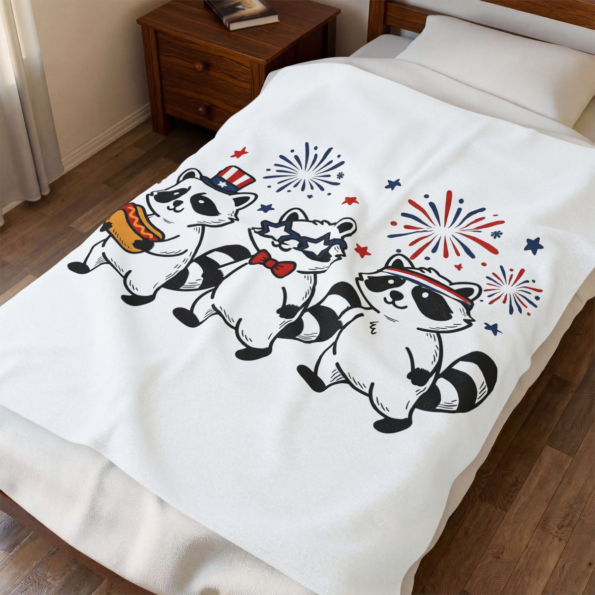 Raccoon Pack Blanket 4th Of July Fauna Gift Women Hand Drawn Blanket Trash Panda Blanket Independence Day Fan Illustrated Blanket Wildlife Graphic