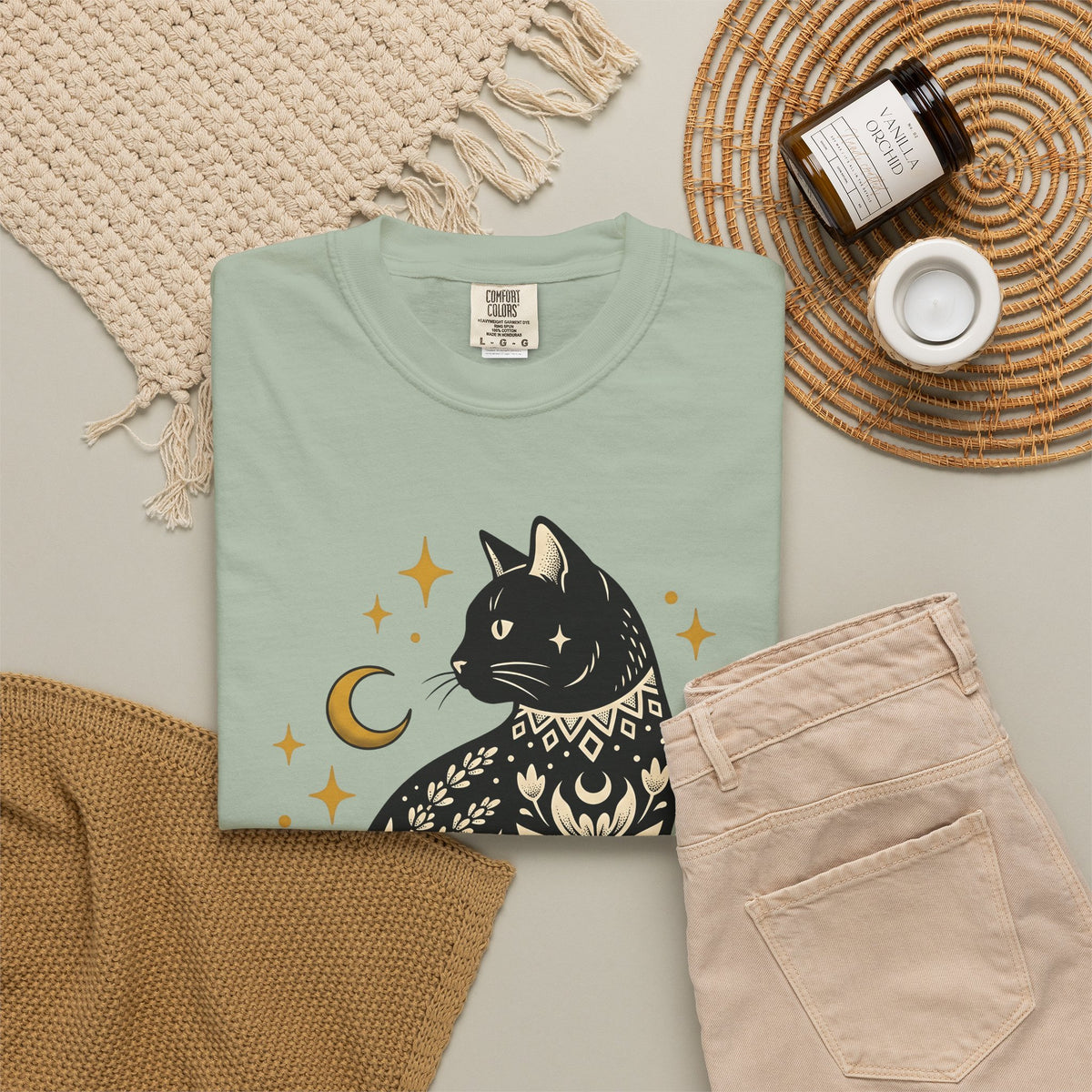 Astral Cat T-Shirt Boho Chic Esoteric Gift Women Ethnic T-Shirt Celestial Cat T-Shirt Bohemian Fan Tribal T-Shirt Mystical Graphic Sleek Moonlight