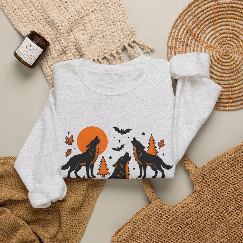 Wolf Crew Sweatshirt Halloween Fauna Gift Women Minimalist Sweatshirt Wolf Pack Sweatshirt Horror Fan Werewolf Sweatshirt Wildlife Graphic Sketch Bats Flying