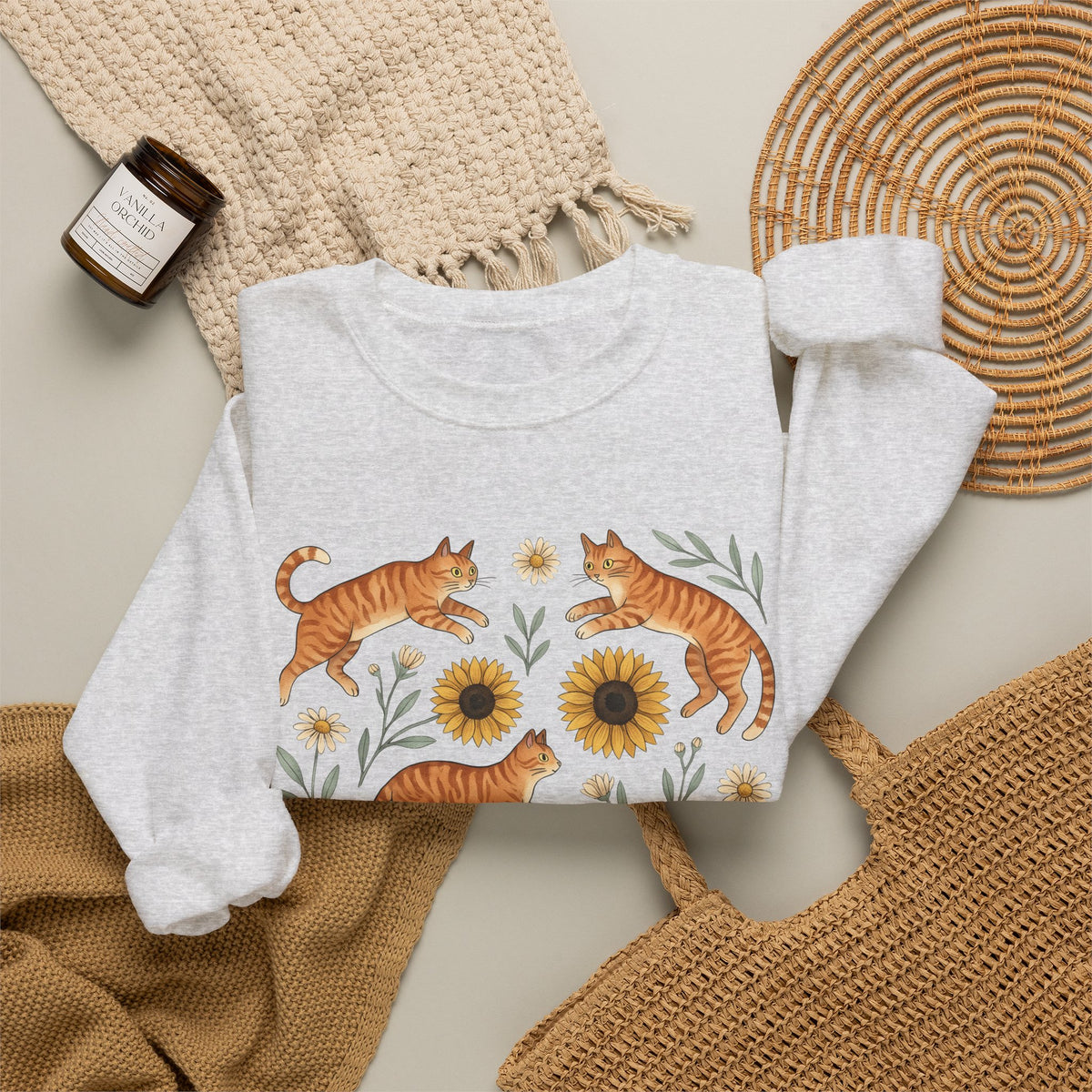 Ginger Cats Sweatshirt Cat Flower Gift Women Cartoon Sweatshirt Orange Cat Sweatshirt Cat Fan Feline Graphic Illustration Comic Sweatshirt Sketch Sunflower