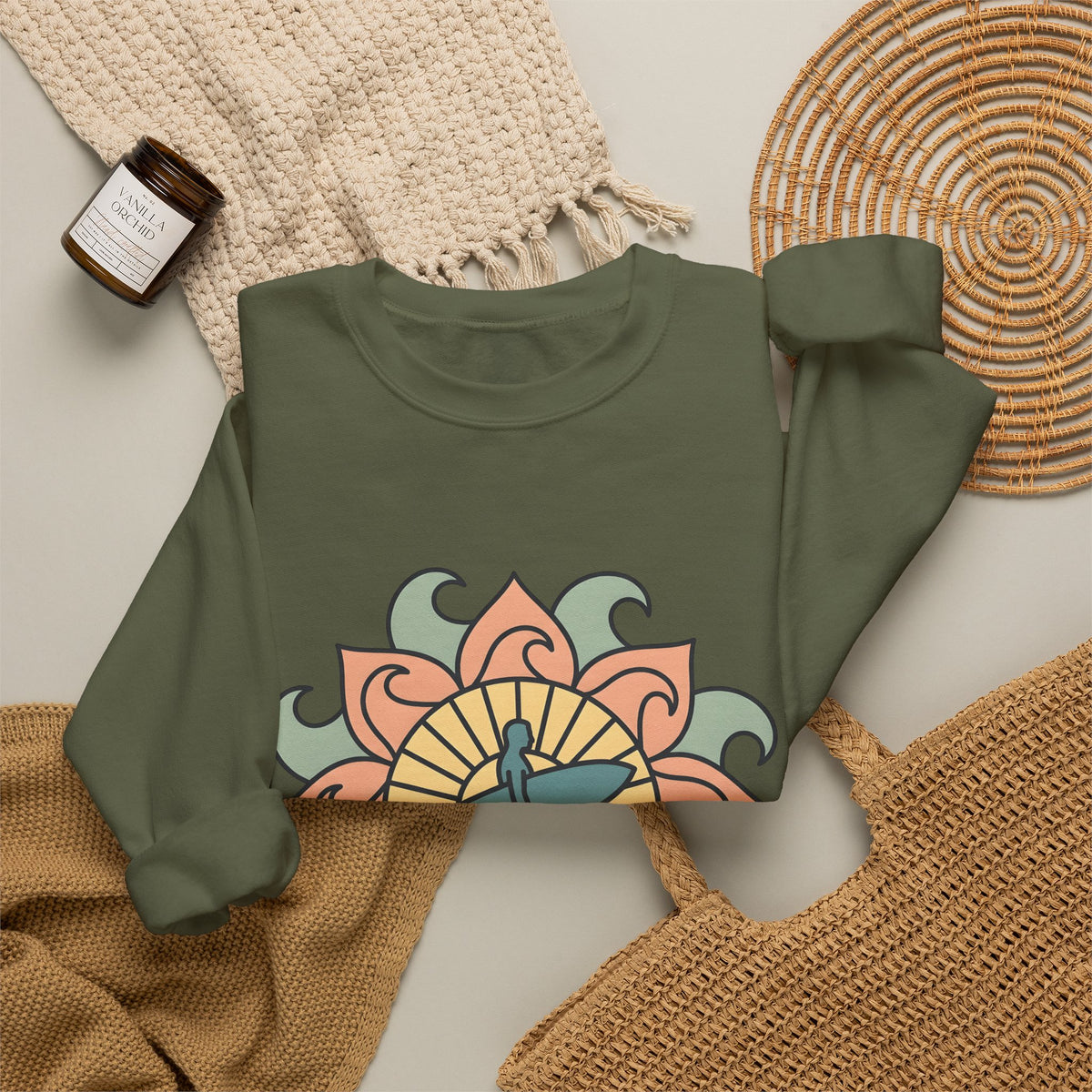 Surfer Outline Sweatshirt Sports Ocean Gift Women Hippie Sweatshirt Surfer Sweatshirt Athlete Fan Marine Graphic Sweatshirt Simple Floral Circle Sweatshirt