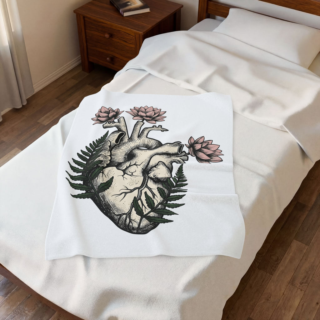 Heart Bloom Blanket Boho Chic Environment Gift Women Natural Blanket Flower Blanket Bohemian Fan Organic Graphic Illustration Sketch Foliage