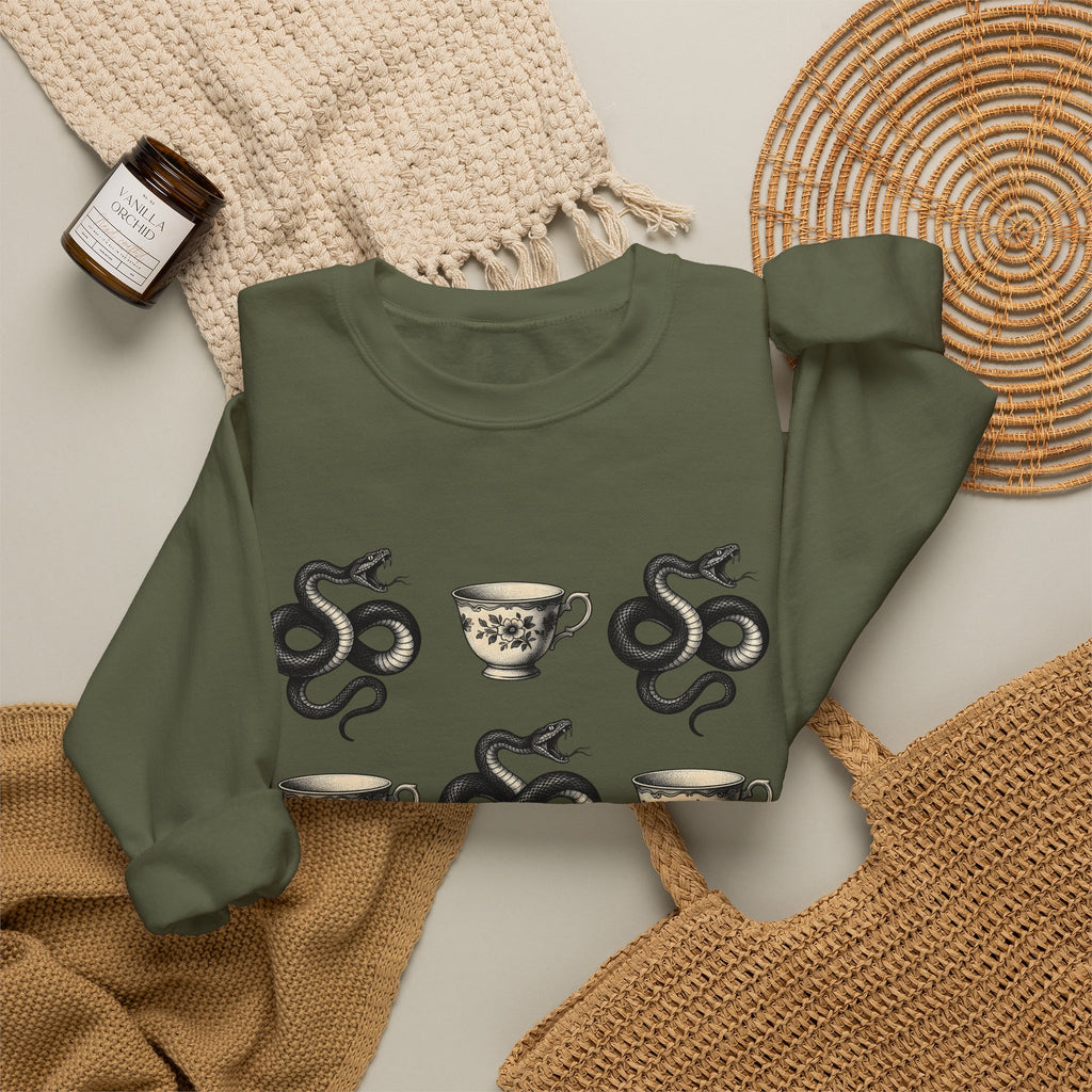 Serpent Tea Cup Sweatshirt Boho Chic Magic Gift Women Retro Sweatshirt Tea Cup Sweatshirt Hippie Fan Vintage Sweatshirt Mystical Graphic Dark Flower Sweatshirt Sweatshirt