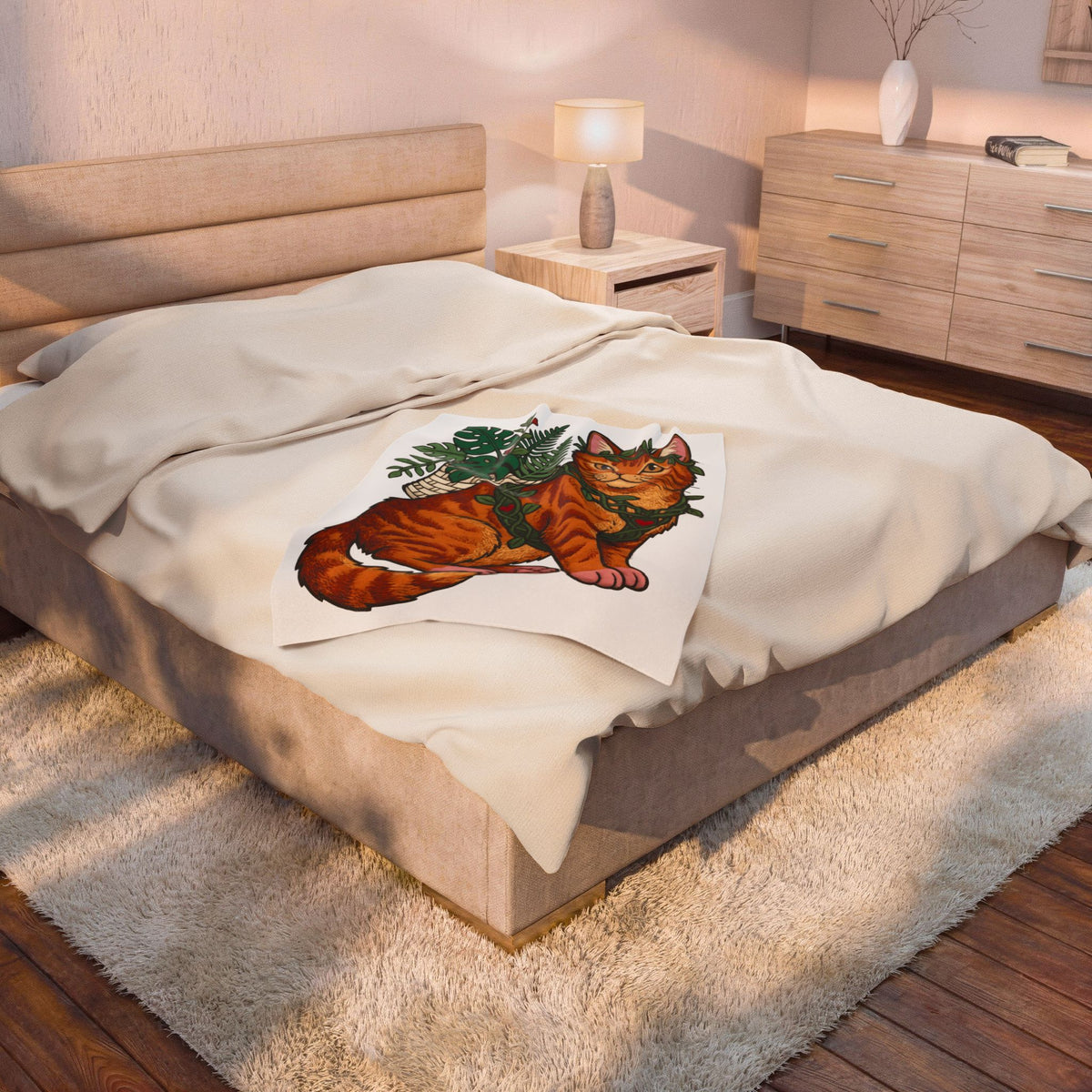 Ginger Cat Blanket Cat Wildlife Gift Women Floral Blanket Orange Cat Blanket Cat Fan Feline Graphic Blanket Sketch Indoor Plants Blanket