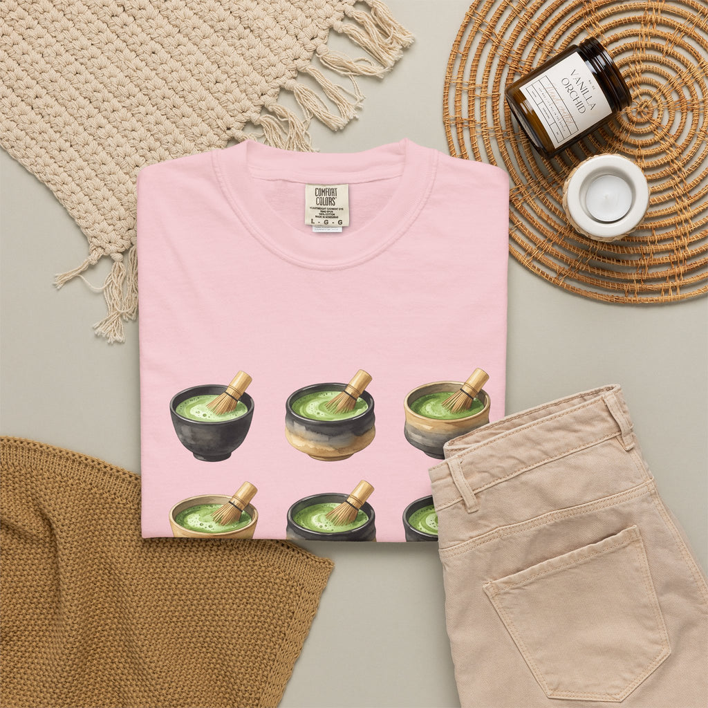 Green Tea Bowls T-Shirt Drinks Infusion Gift Women Gouache T-Shirt Tea Bowls T-Shirt Beverage Fan Watercolor T-Shirt Steeped Graphic Simple Wooden