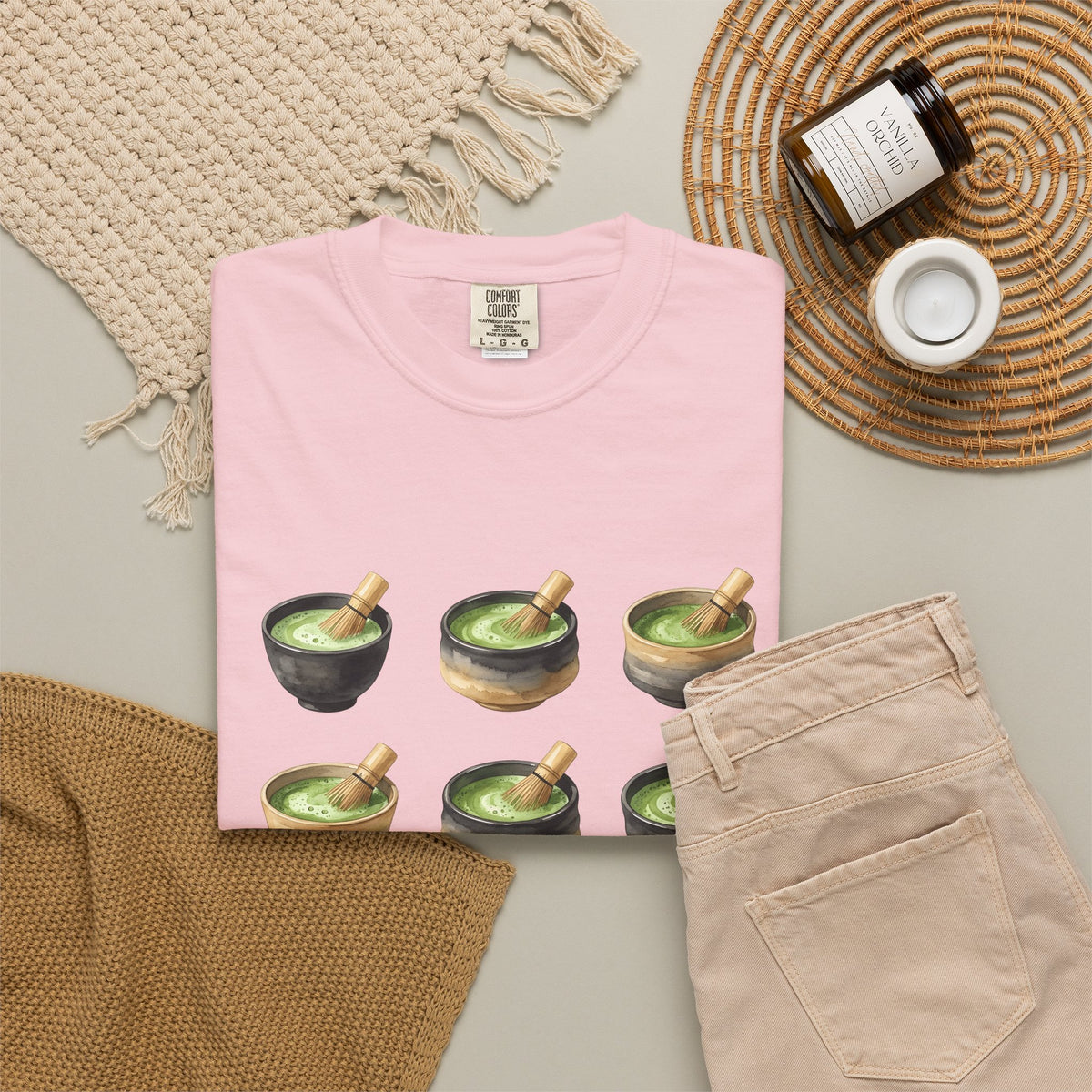 Green Tea Bowls T-Shirt Drinks Infusion Gift Women Gouache T-Shirt Tea Bowls T-Shirt Beverage Fan Watercolor T-Shirt Steeped Graphic Simple Wooden