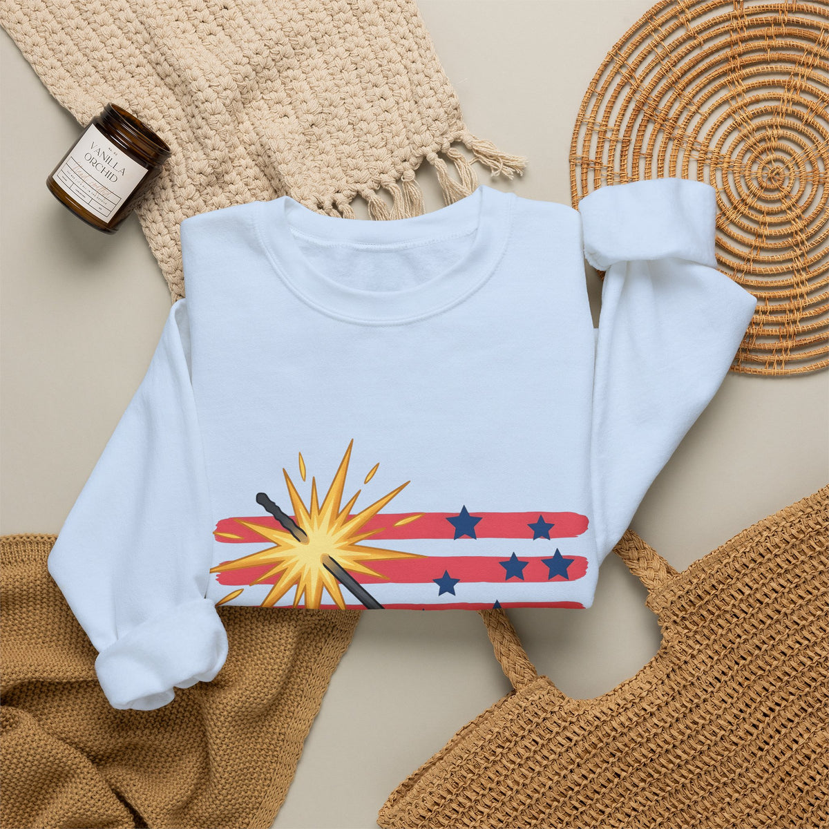 Sparkler Flag Sweatshirt 4th Of July Celebration Gift Women Patriotic Sweatshirt Wave Banner Sweatshirt Independence Day Fan American Sweatshirt Party Graphic