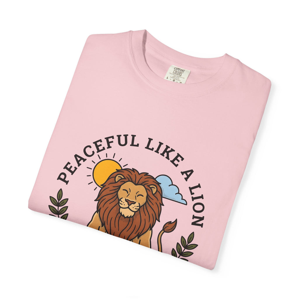 Meditating Lion T-Shirt Yoga Mindfulness Gift Women Cartoon T-Shirt Lioness T-Shirt Yoga Enthusiast Comic T-Shirt Meditation Graphic Minimalist Sun