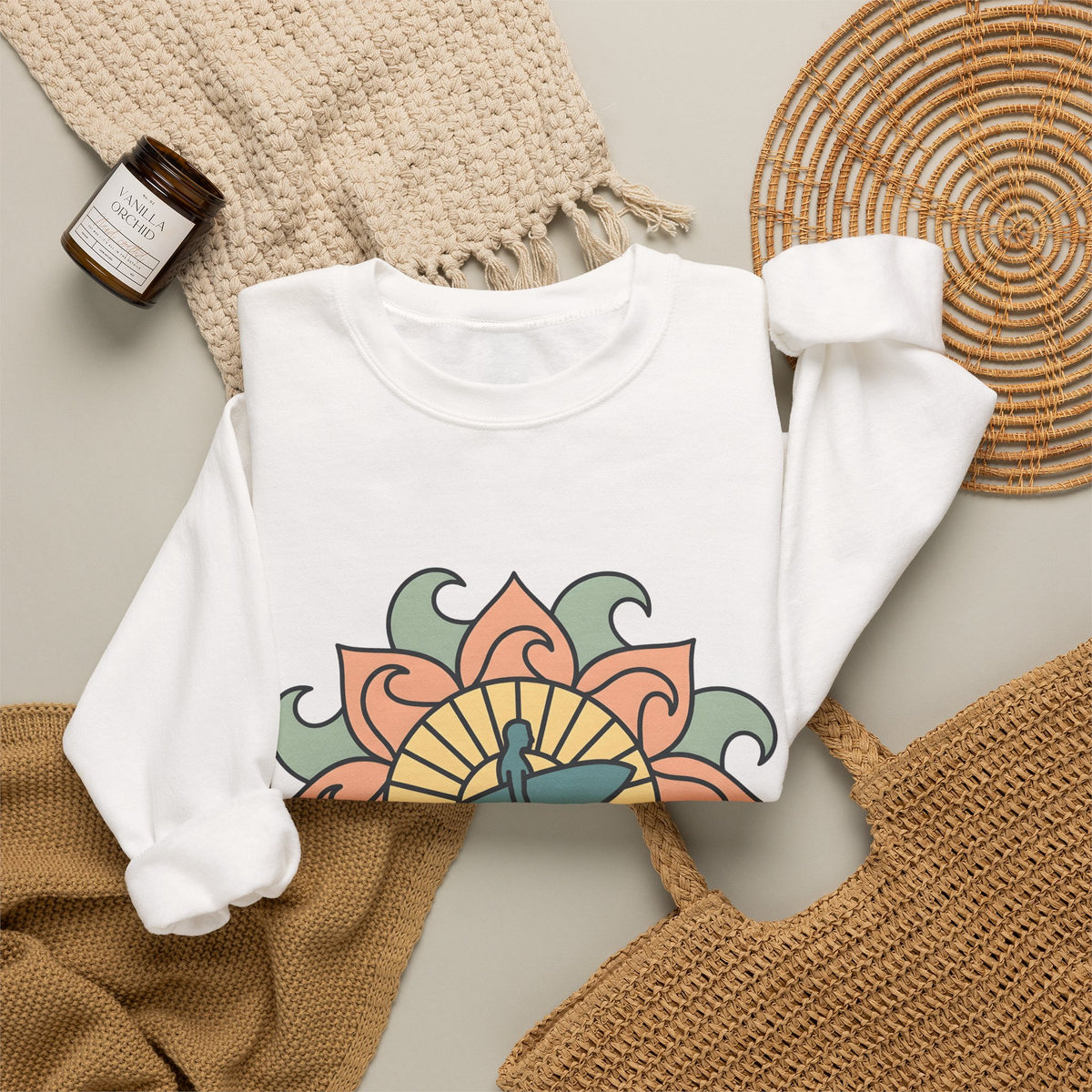 Surfer Outline Sweatshirt Sports Ocean Gift Women Hippie Sweatshirt Surfer Sweatshirt Athlete Fan Marine Graphic Sweatshirt Simple Floral Circle Sweatshirt