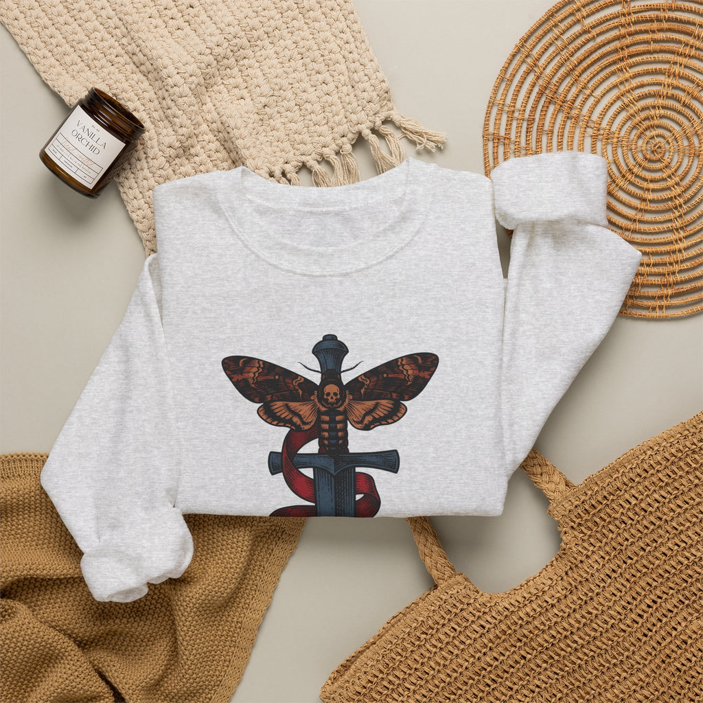 Death Moth Dagger Sweatshirt Boho Chic Gothic Gift Women Tattoo Sweatshirt Dagger Sweatshirt Bohemian Fan Ink Sweatshirt Dark Graphic Vintage Ribbon Sweatshirt