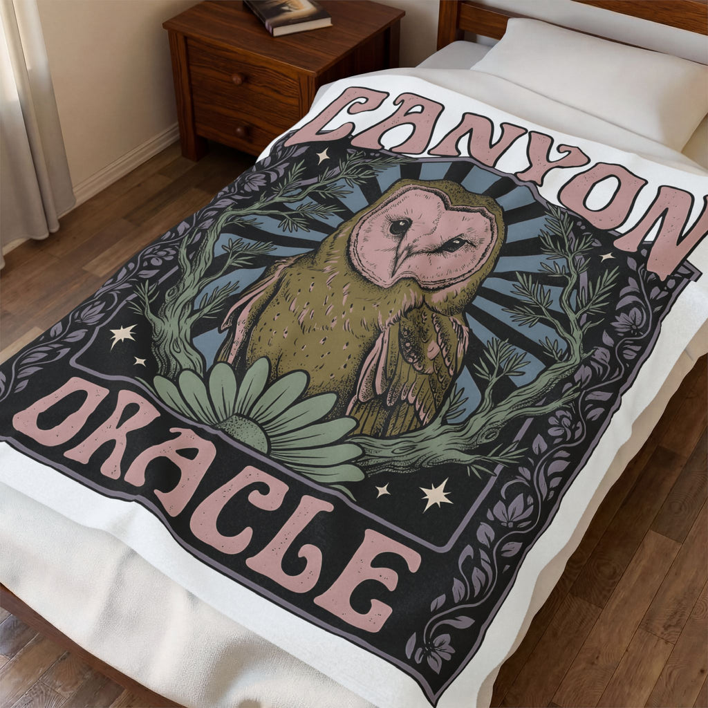 Barn Owl Boho Chic Fauna Gift Hand Drawn Owl Bohemian Fan Illustrated Colorful Blossom Blanket