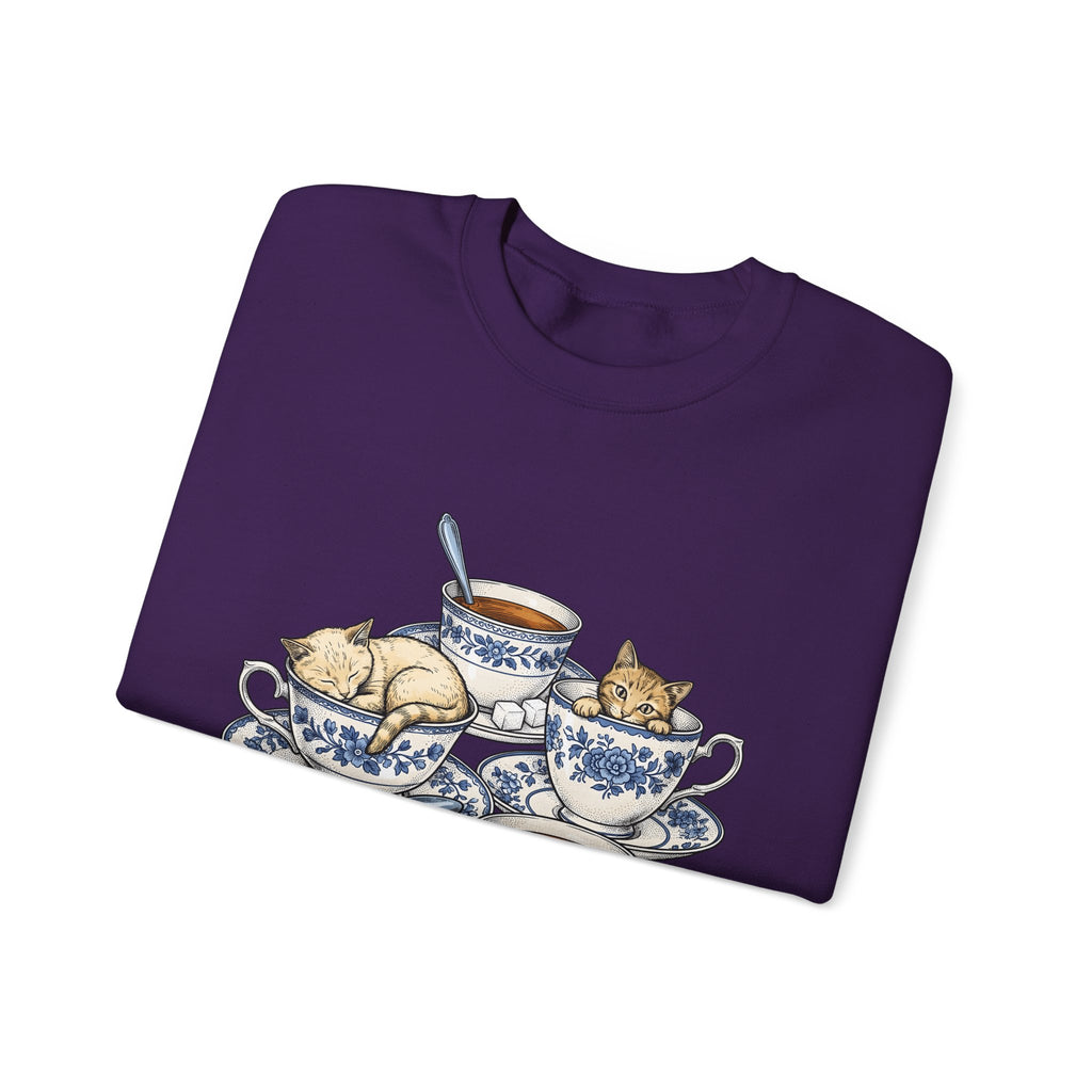 Cat Teacup Sweatshirt Cat Beverage Gift Women Retro Sweatshirt Kitty Sweatshirt Cat Fan Vintage Sweatshirt Coffee Graphic Sketch Flower Design Sweatshirt