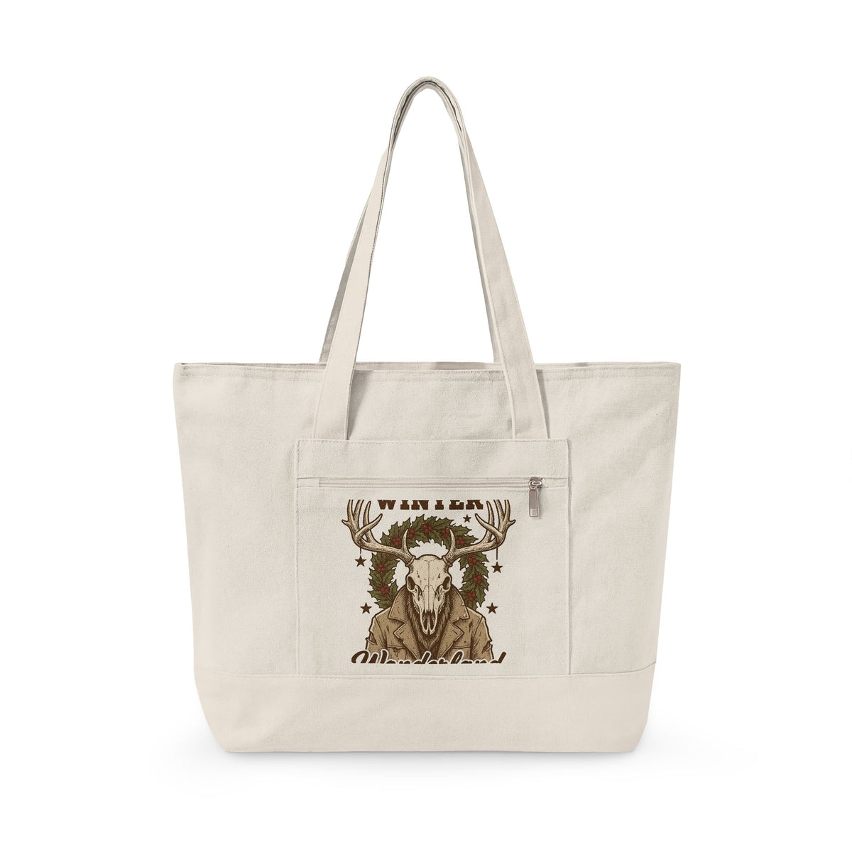 Antler Skull Tote Bag Christmas Frost Gift Women Throwback Tote Bag Deer Skull Tote Bag Xmas Fan Holiday Tote Bag Frosty Graphic Cartoon Pine Wreath
