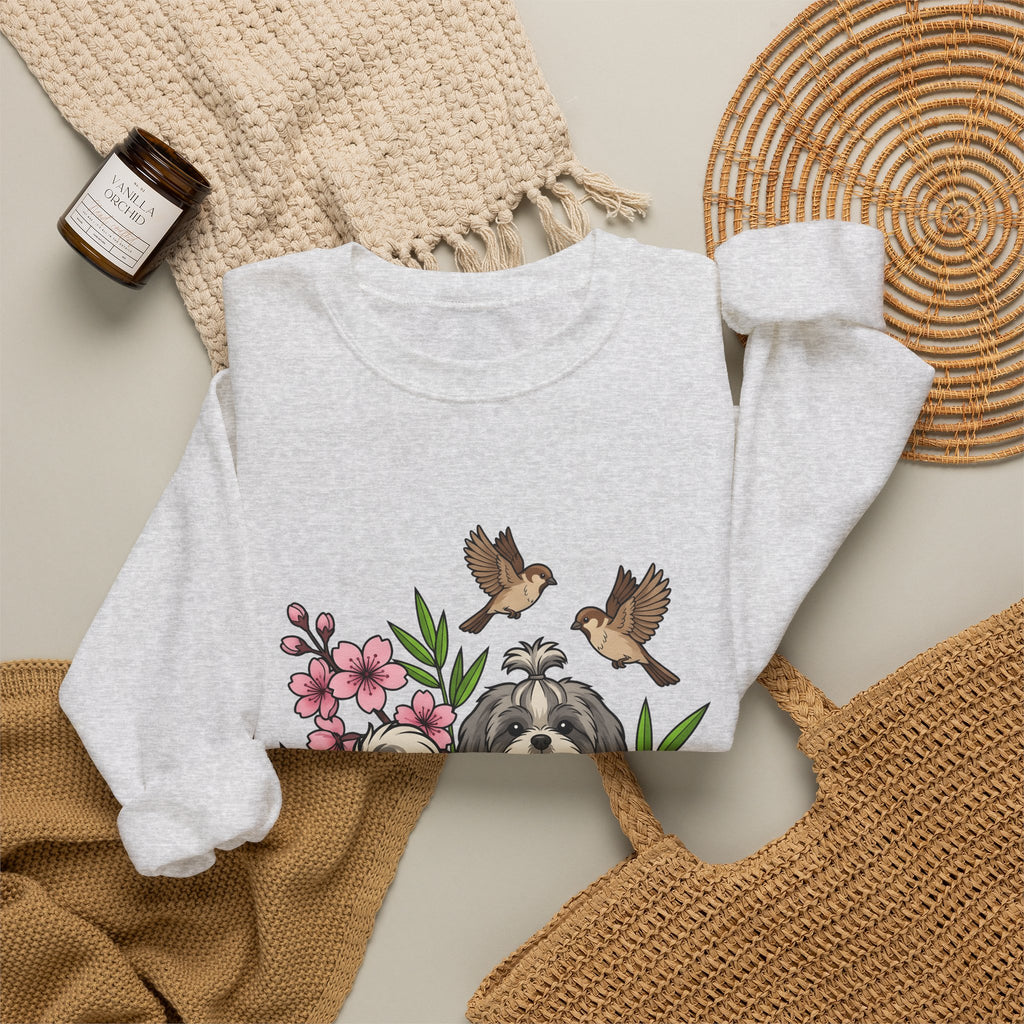 Shih Tzu Puppy Sweatshirt Dog Botanical Gift Women Cute Sweatshirt Puppy Sweatshirt Dog Fan Pup Sweatshirt Floral Graphic Sketch Sakura Flowers Sweatshirt