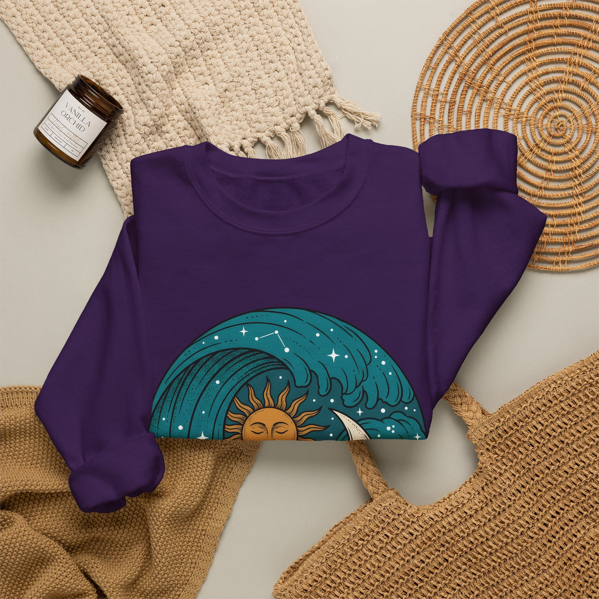Sun Moon Sea Celestial Horoscope Gift Folk Ocean Astrology Enthusiast Bohemian Zodiac Rustic Star Sweatshirt