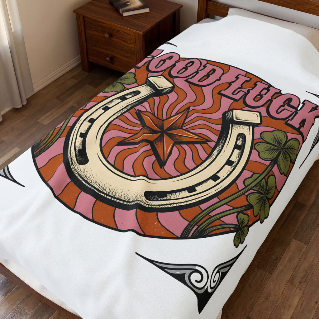 Star Horseshoe Blanket Cowgirl Ranch Gift Women Old School Blanket Horseshoe Blanket Cowboy Fan Rodeo Blanket Farm Design Hand Drawn Four Leaf