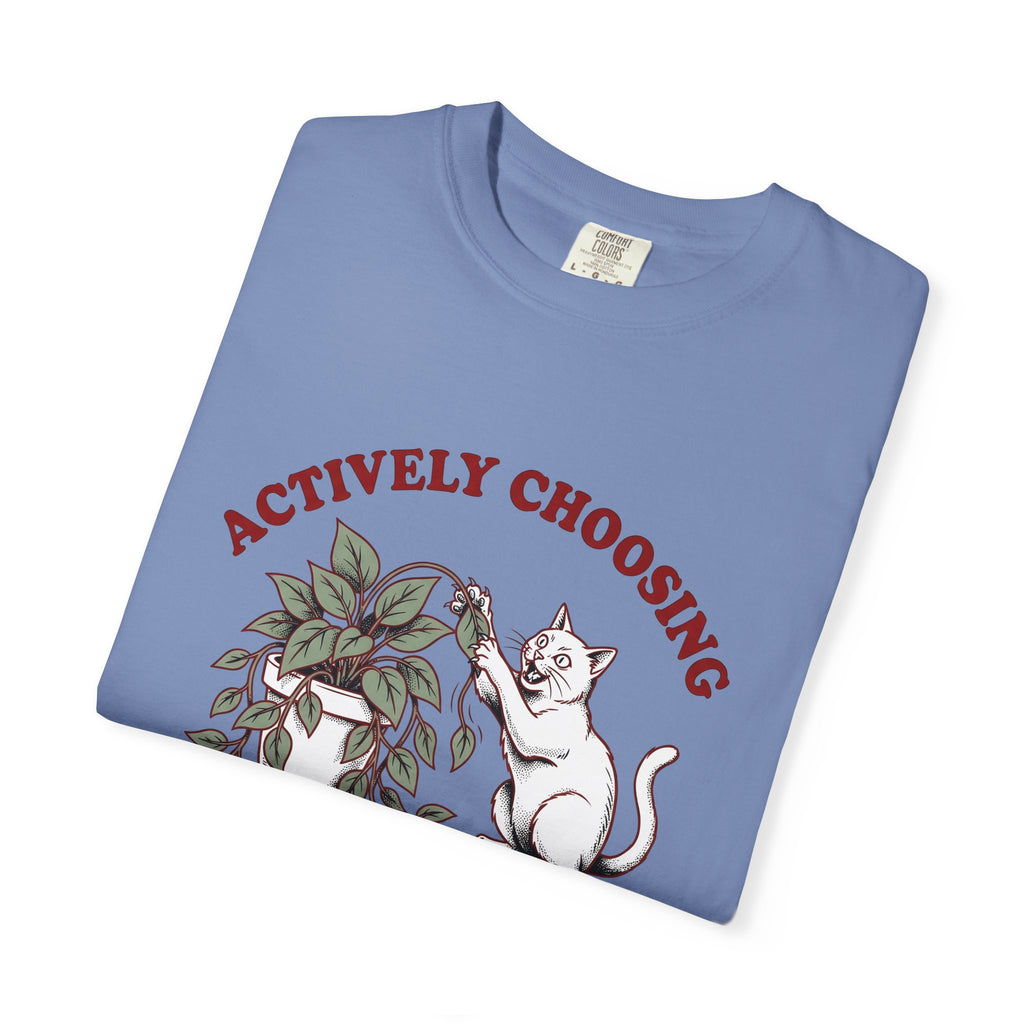 Feline Foliage T-Shirt Cat Comedy Gift Women Classic T-Shirt Cat Foliage T-Shirt Cat Fan Vintage T-Shirt Humor Graphic Ink Drawing Potted Plant