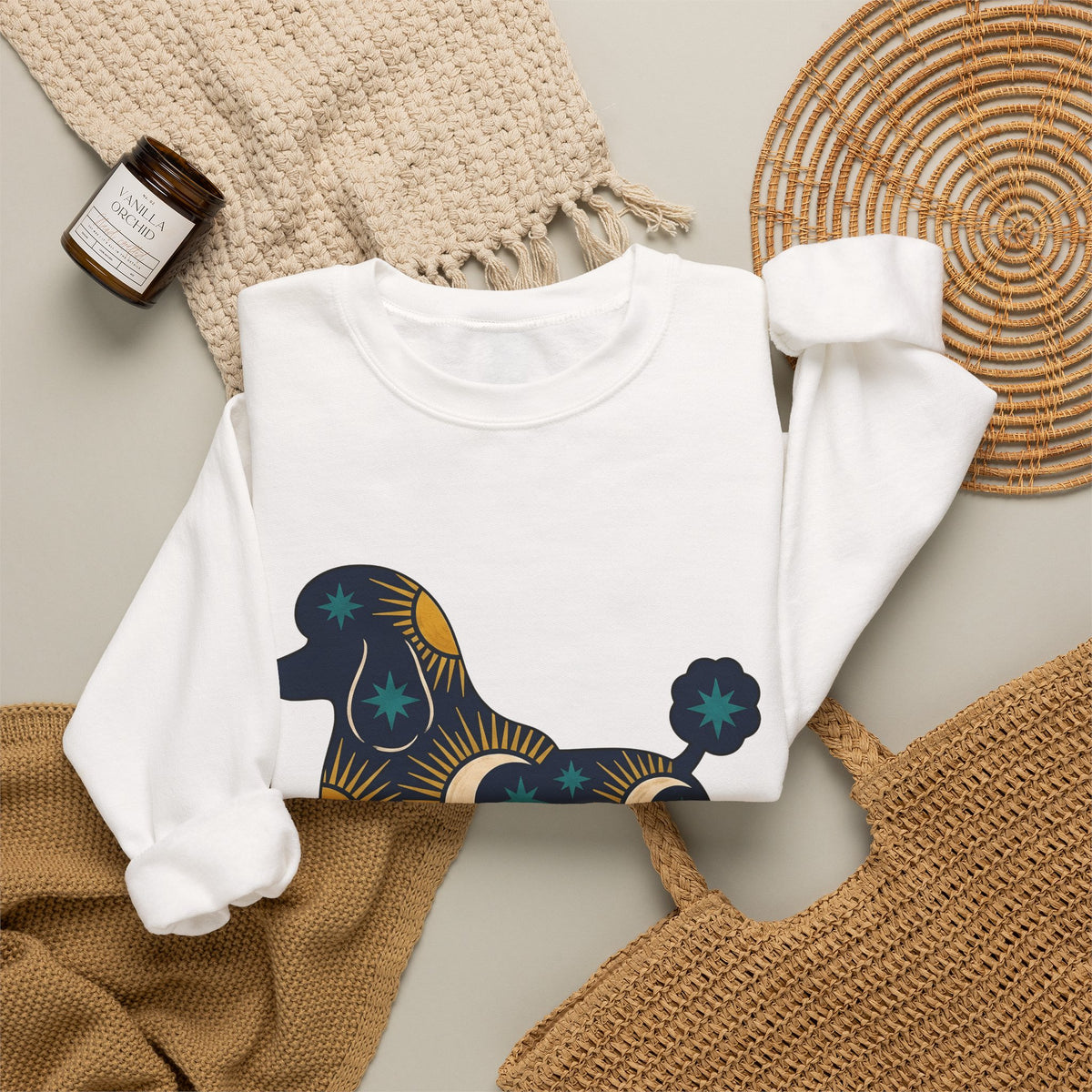 Poodle Illustration Sweatshirt Dog Zodiac Gift Women Rustic Sweatshirt Poodle Sweatshirt Dog Fan Canine Sweatshirt Zodiac Graphic Simple Star Symbols Sweatshirt