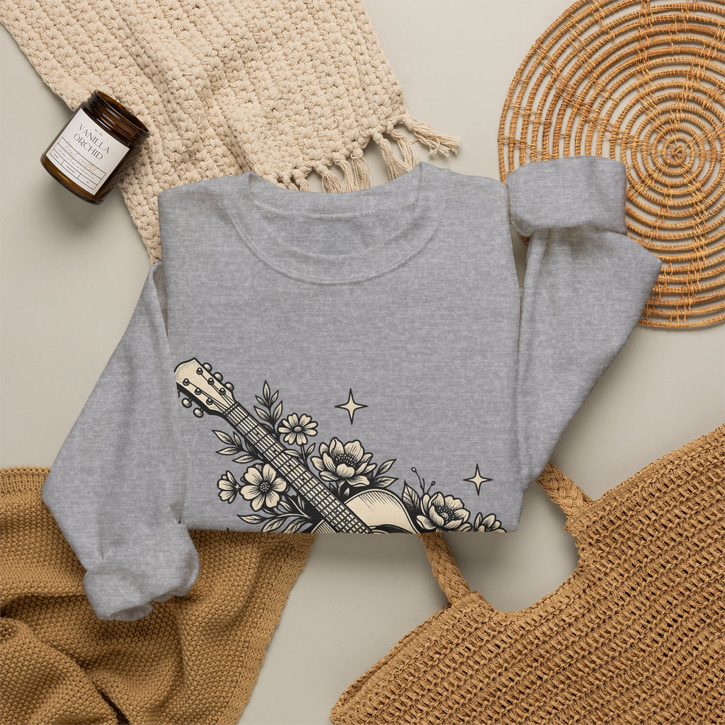 Blossom Guitar Sweatshirt Floral Melody Gift Women Illustrative Sweatshirt Guitar Sweatshirt Flower Fan Illustrated Sweatshirt Harmony Graphic Old School Star
