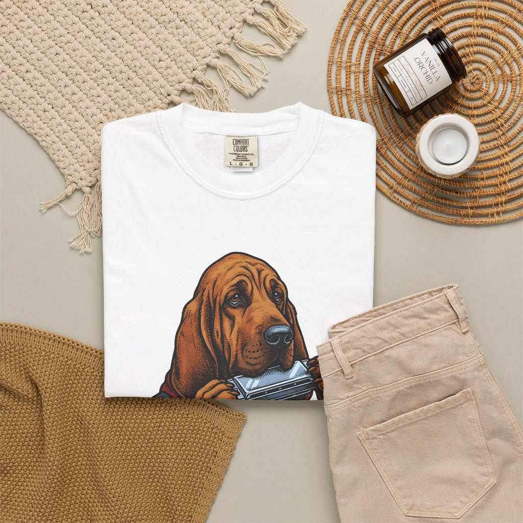 Bloodhound Canine T-Shirt Dog Songs Gift Women Rustic T-Shirt Hound T-Shirt Dog Fan Coonhound Graphic T-Shirt Cartoon Mouth Harp T-Shirt