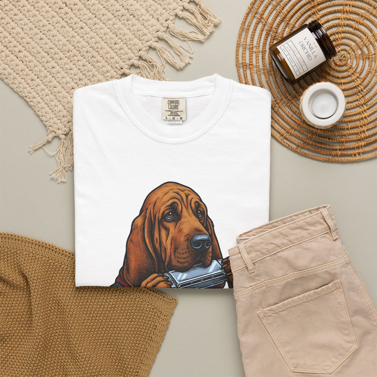 Bloodhound Canine T-Shirt Dog Songs Gift Women Rustic T-Shirt Hound T-Shirt Dog Fan Coonhound Graphic T-Shirt Cartoon Mouth Harp T-Shirt