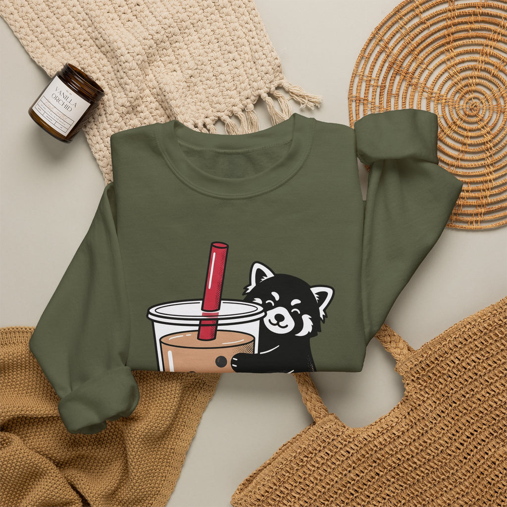 Red Panda Drink Sweatshirt Boba Wildlife Gift Women Adorable Sweatshirt Panda Drink Sweatshirt Bubble Tea Fan Cute Sweatshirt Animal Graphic Animated Milk Tea