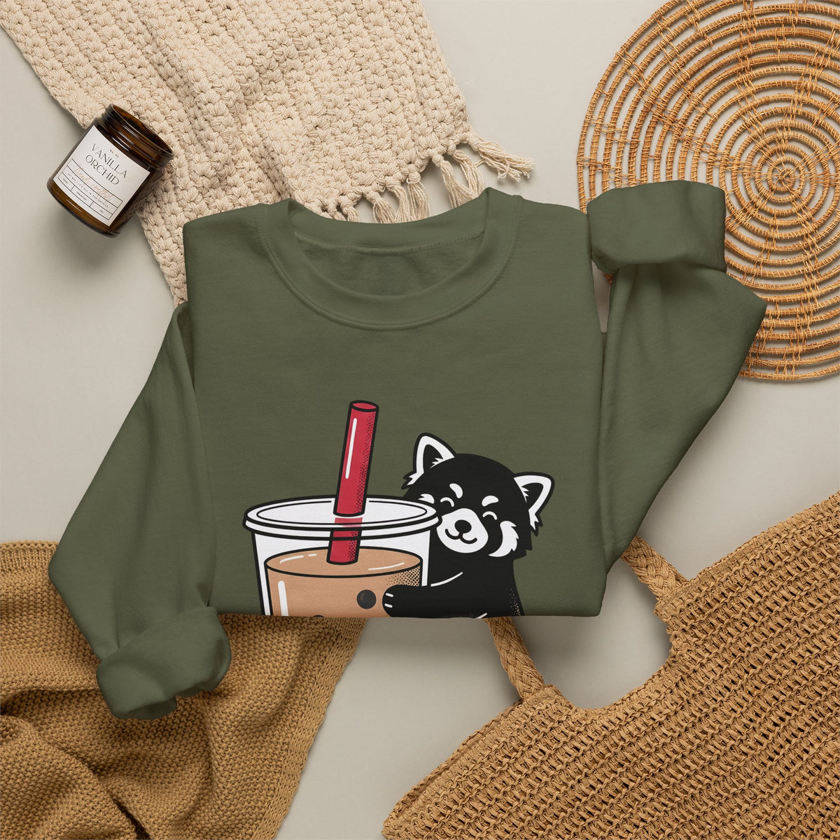 Red Panda Drink Sweatshirt Boba Wildlife Gift Women Adorable Sweatshirt Panda Drink Sweatshirt Bubble Tea Fan Cute Sweatshirt Animal Graphic Animated Milk Tea