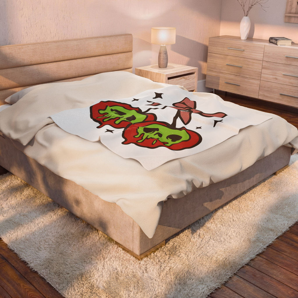 Skull Cherry Blanket Halloween Eerie Gift Women Fun Blanket Sugar Skull Blanket Spooky Fan Cartoon Blanket Dark Graphic Bow Tie Blanket