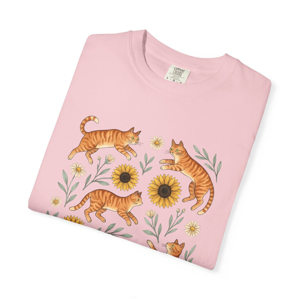 Ginger Cats T-Shirt Cat Flower Gift Women Cartoon T-Shirt Orange Cat T-Shirt Cat Fan Feline Graphic Illustration Comic T-Shirt Sketch Sunflower
