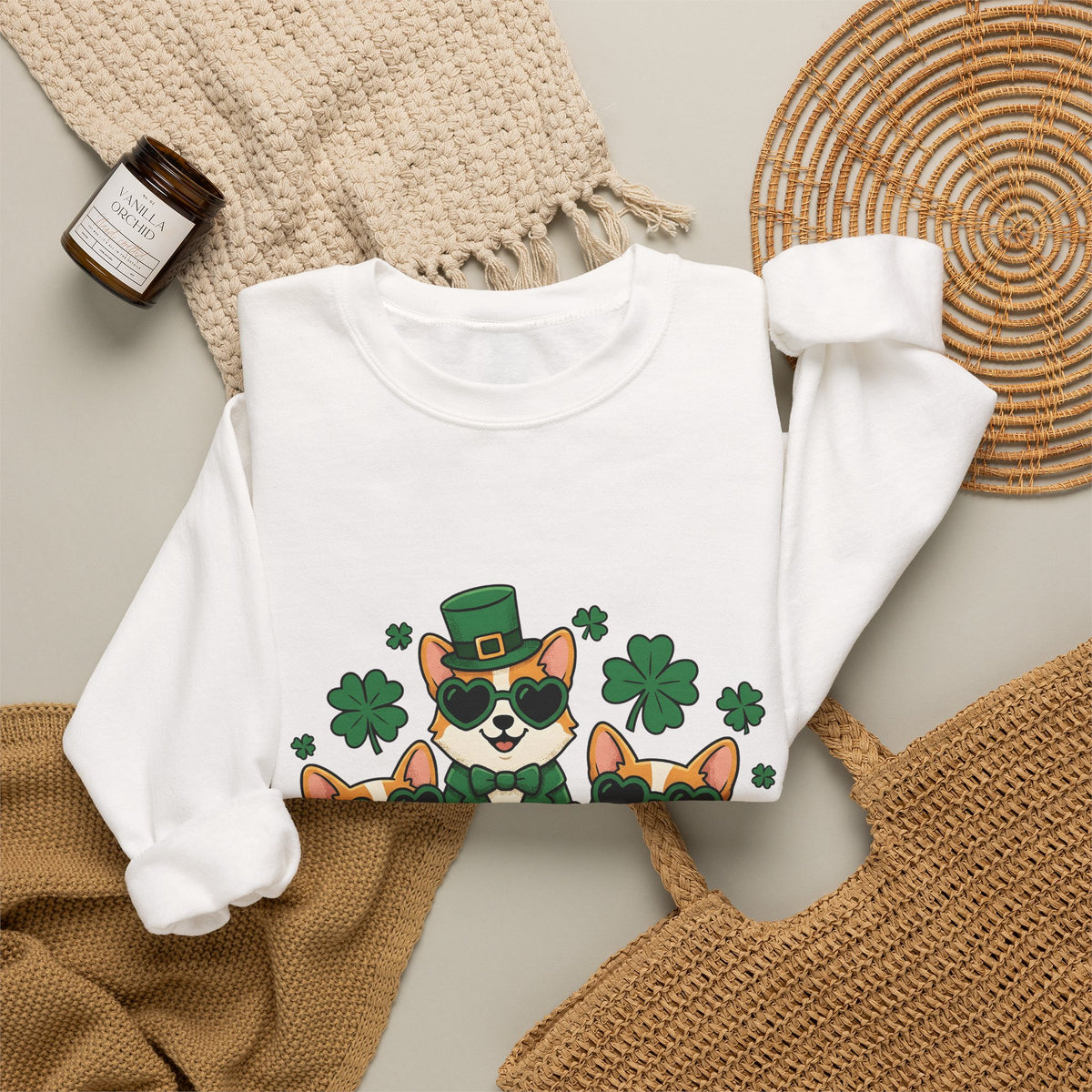 Corgi Puppies Sweatshirt St Patrick's Day Pet Owner Gift Women Comic Sweatshirt Puppy Sweatshirt Shamrock Fan Cartoon Sweatshirt Dog Mom Graphic Chibi Clover