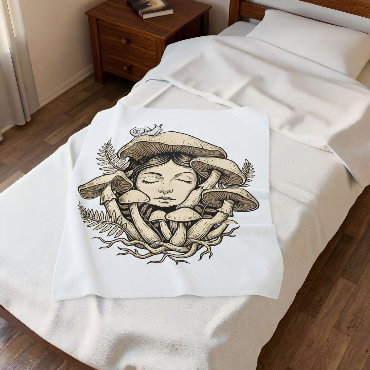 Mushroom Woman Blanket Boho Chic Nature Gift Women Line Art Blanket Fungus Blanket Hippie Fan Minimalist Blanket Earth Graphic Vintage Snail Blanket