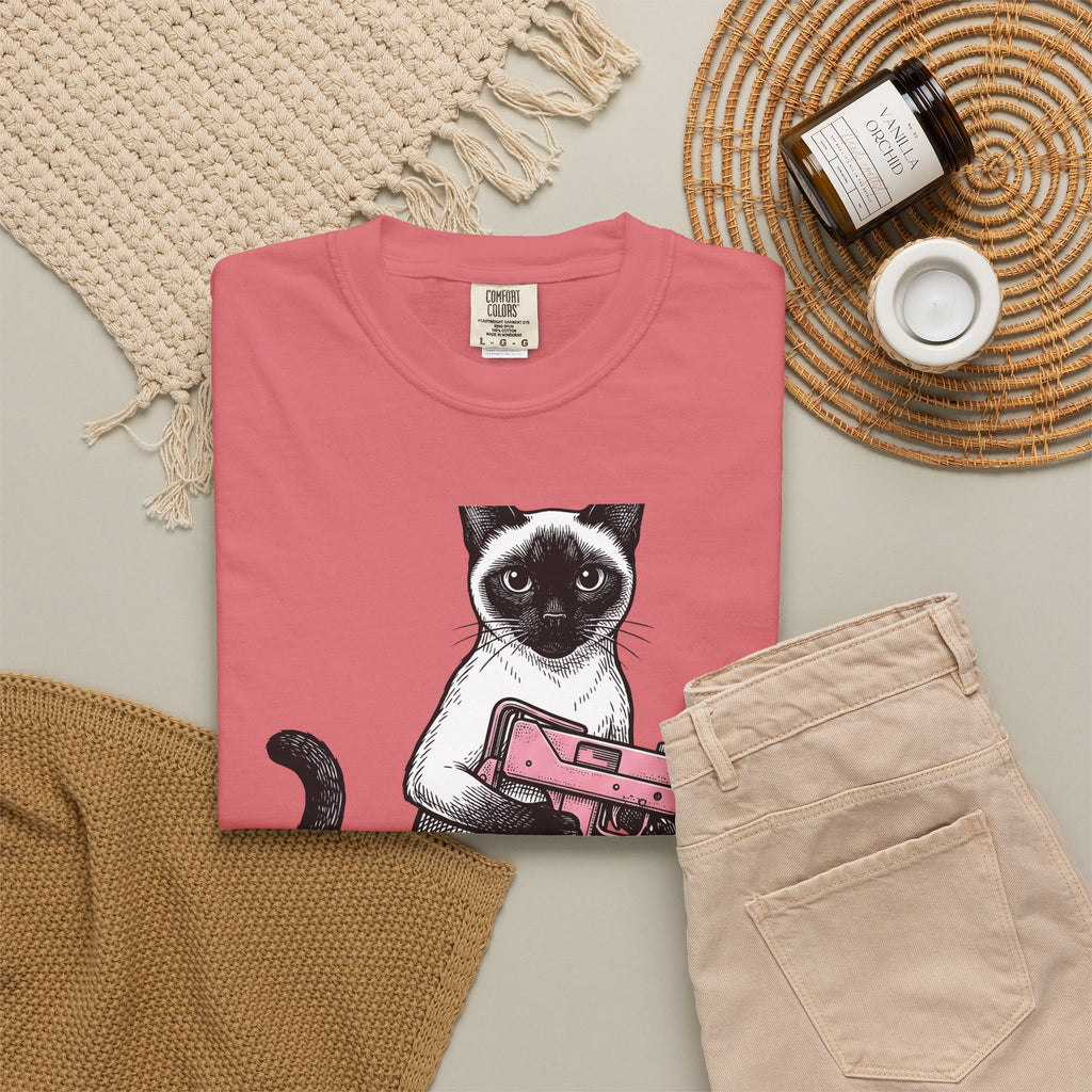 Siamese Cat T-Shirt Cat Humor Gift Women Hand Drawn T-Shirt Siamese T-Shirt Feline Fan Illustrated Graphic T-Shirt Vintage Toy Gun T-Shirt