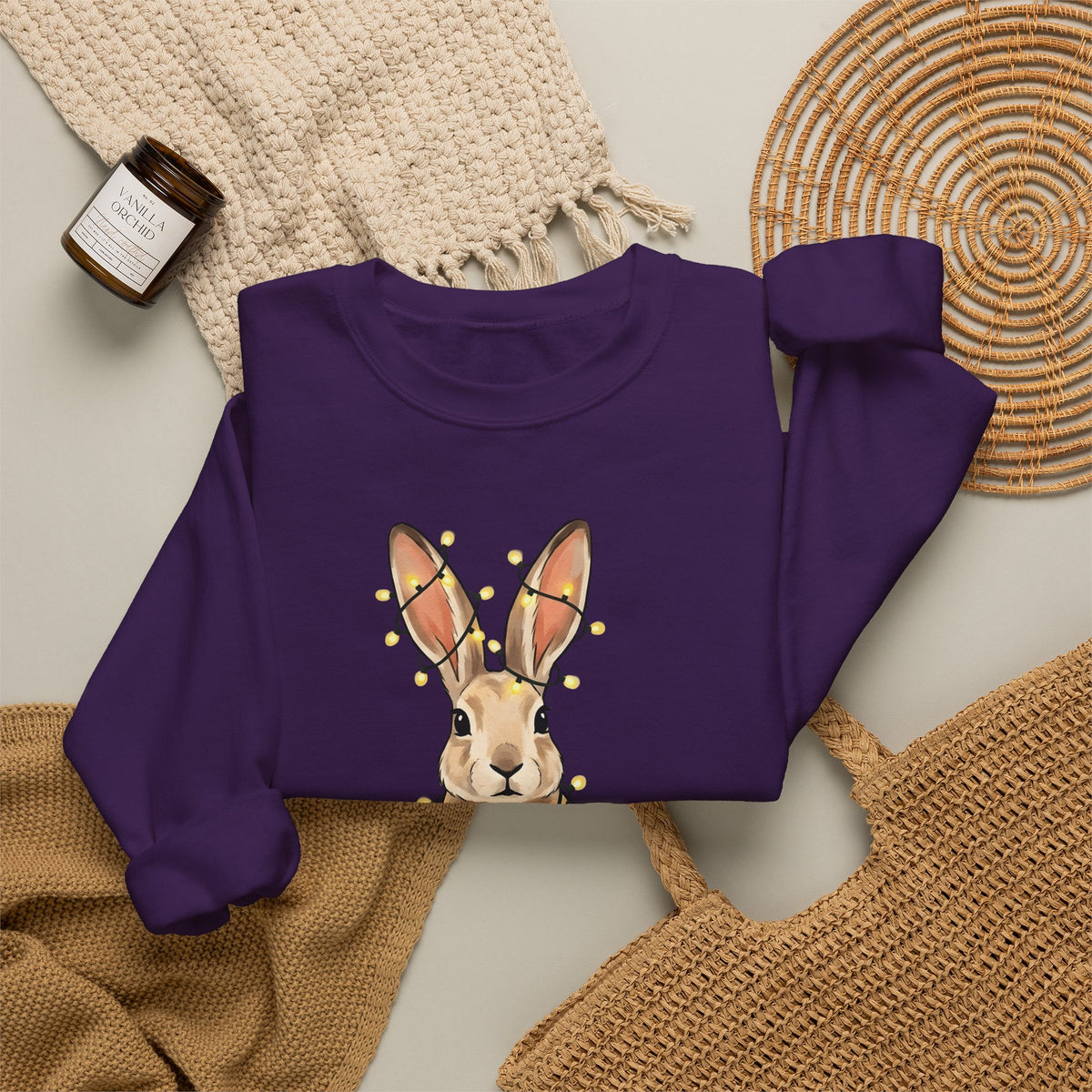 Bunny Sweatshirt Animals Holiday Gift Women Cute Sweatshirt Rabbit Sweatshirt Pet Fan Cute Sweatshirt Christmas Graphic Hand Drawn String Lights Sweatshirt