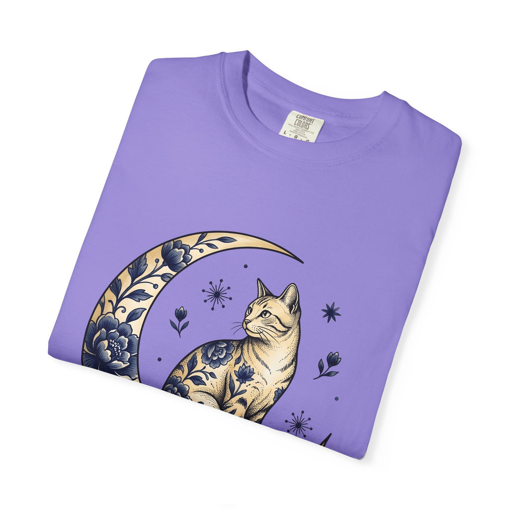 Flower Kitty T-Shirt Cat Astrology Gift Women Hippie T-Shirt Kitty Cat T-Shirt Cat Fan Zodiac Graphic T-Shirt Retro Half Moon T-Shirt