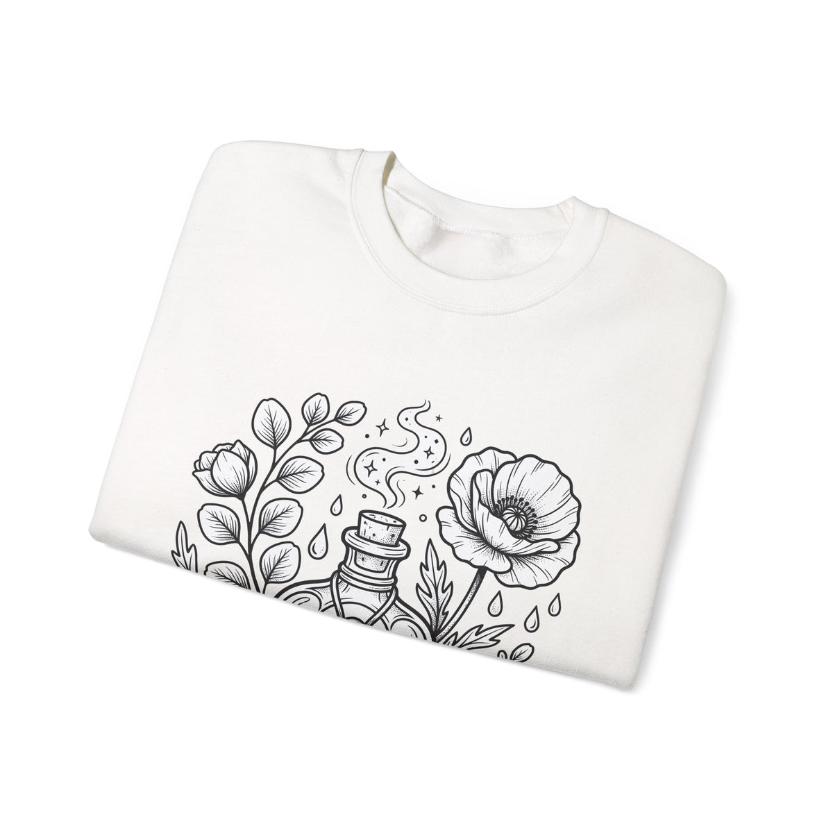 Magic Bottle Sweatshirt Halloween Spells Gift Women Sketch Sweatshirt Genie Bottle Sweatshirt Horror Fan Mystic Drawing Graphic Retro Flower Sweatshirt