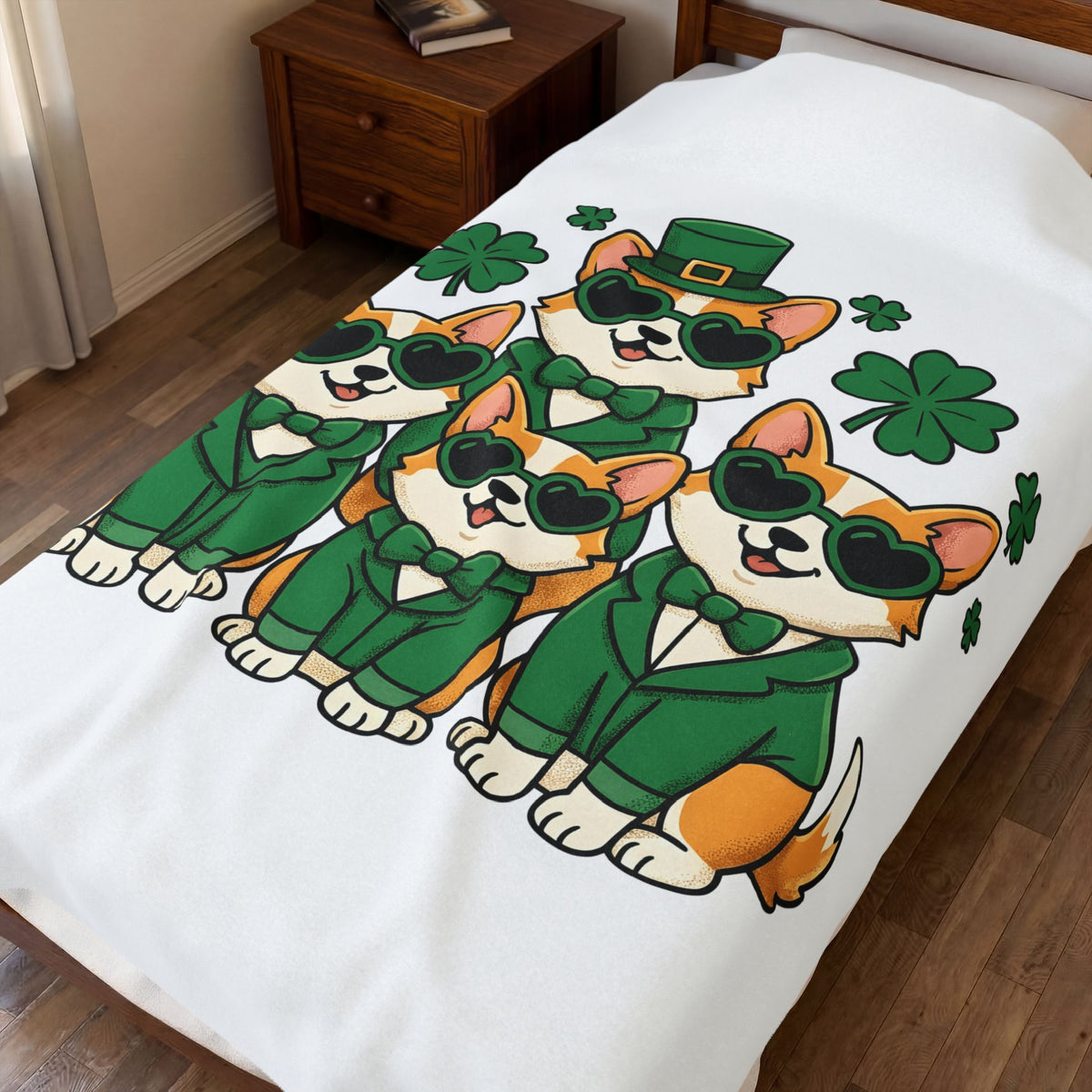 Corgi Puppies Blanket St Patrick's Day Pet Owner Gift Women Comic Blanket Puppy Blanket Shamrock Fan Cartoon Blanket Dog Mom Graphic Chibi Clover