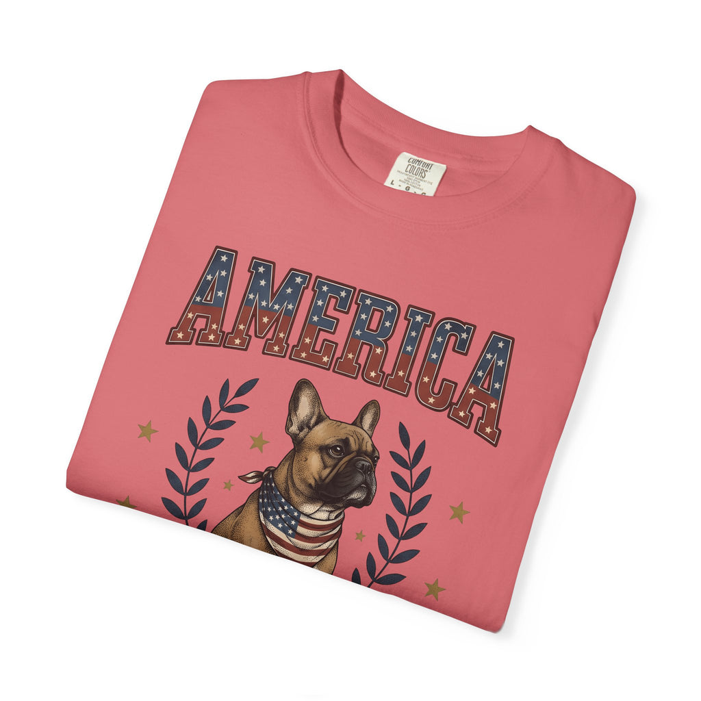 French Bulldog T-Shirt America Patriotic Gift Women Vintage T-Shirt Bouledogue T-Shirt American Fan Retro Illustration Graphic Retro Stars T-Shirt