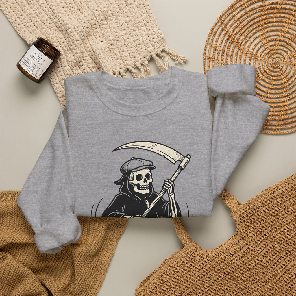 Reaper Skull Sweatshirt Halloween Cranium Gift Women Animated Sweatshirt Grim Reaper Sweatshirt Horror Fan Death Skull Graphic Sweatshirt Old School Sickle