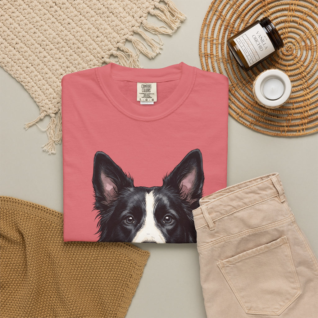 Border Collie Puppy T-Shirt Dog Pets Gift Women Line Art T-Shirt Puppy T-Shirt Dog Fan Collie T-Shirt Animal Graphic Hand Drawn Woven Collar T-Shirt