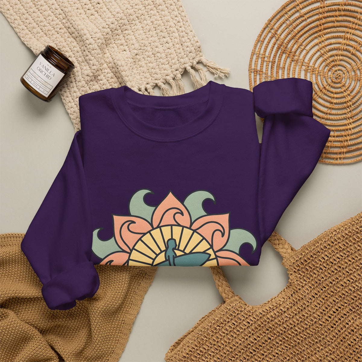 Surfer Outline Sweatshirt Sports Ocean Gift Women Hippie Sweatshirt Surfer Sweatshirt Athlete Fan Marine Graphic Sweatshirt Simple Floral Circle Sweatshirt