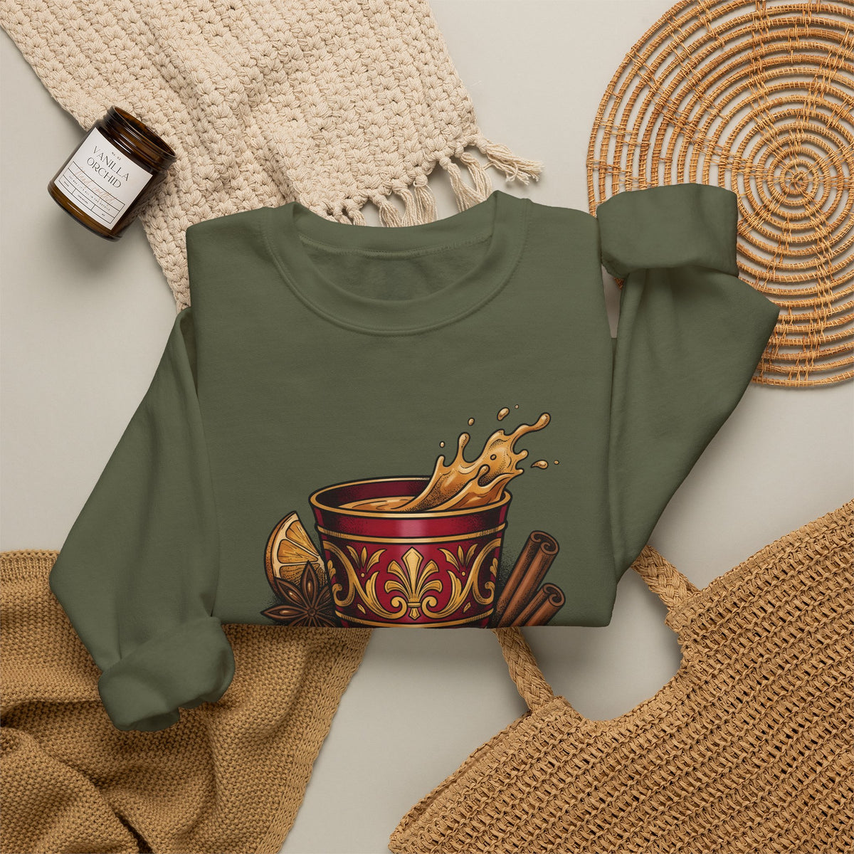 Hot Spiced Drink Holiday Yuletide Gift Farmhouse Mulled Wine Christmas Fan Rustic Winter Outline Sweatshirt
