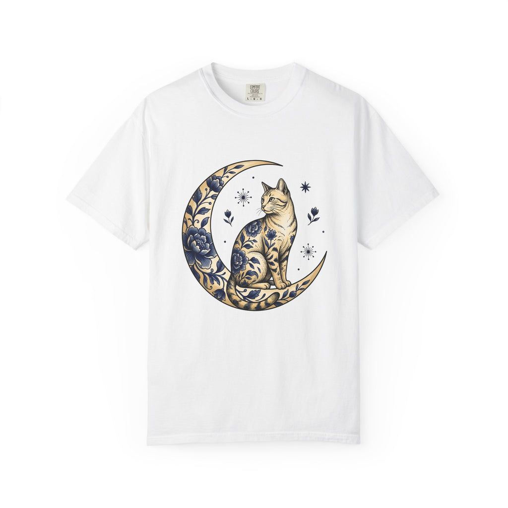 Flower Kitty T-Shirt Cat Astrology Gift Women Hippie T-Shirt Kitty Cat T-Shirt Cat Fan Zodiac Graphic T-Shirt Retro Half Moon T-Shirt