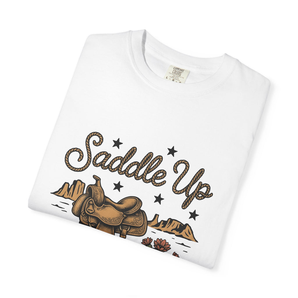Leather Saddle T-Shirt Cowgirl Ranch Gift Women Distressed T-Shirt Saddle T-Shirt Cowboy Fan Saddlery T-Shirt Farm Graphic Line Art Succulent