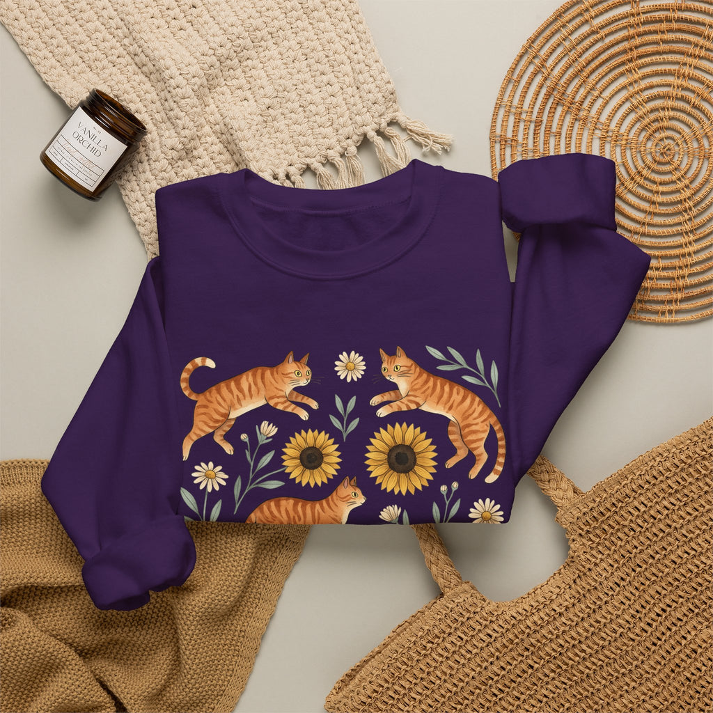 Ginger Cats Sweatshirt Cat Flower Gift Women Cartoon Sweatshirt Orange Cat Sweatshirt Cat Fan Feline Graphic Illustration Comic Sweatshirt Sketch Sunflower