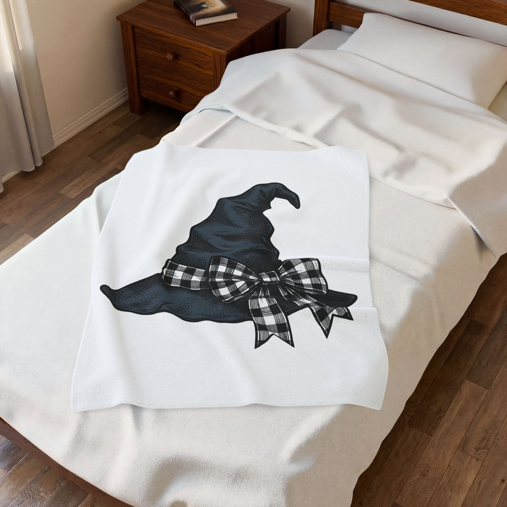Witch Hat Blanket Halloween Sorcery Gift Women Cartoon Blanket Wizard Hat Blanket Halloween Fan Comic Blanket Magic Graphic Silhouette Gingham Bow