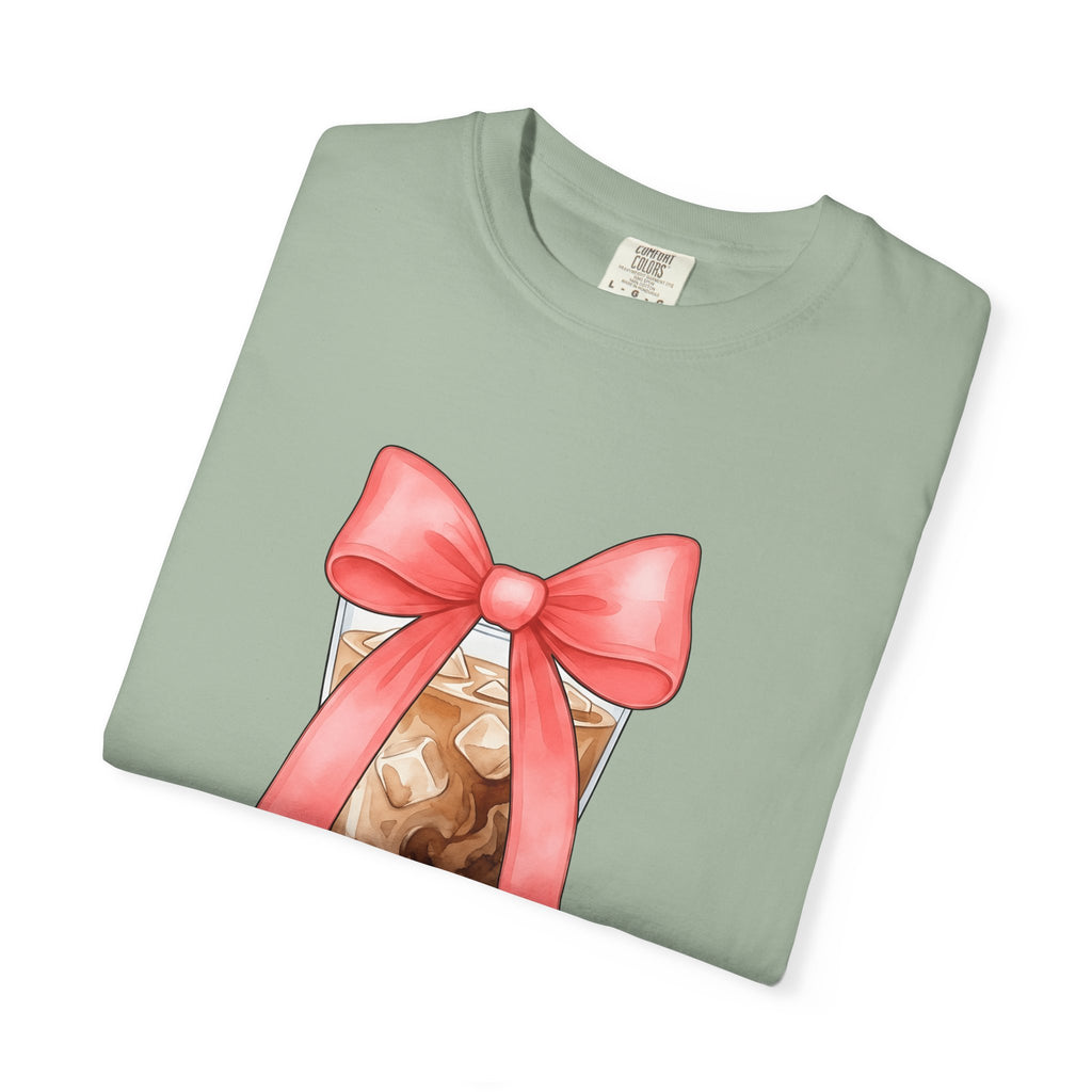 Iced Coffee T-Shirt Coffee Mom Gift Women Watercolor T-Shirt Cold Brew T-Shirt Coffee Fan Watercolour T-Shirt Mother Graphic Hand Drawn Pink Bow