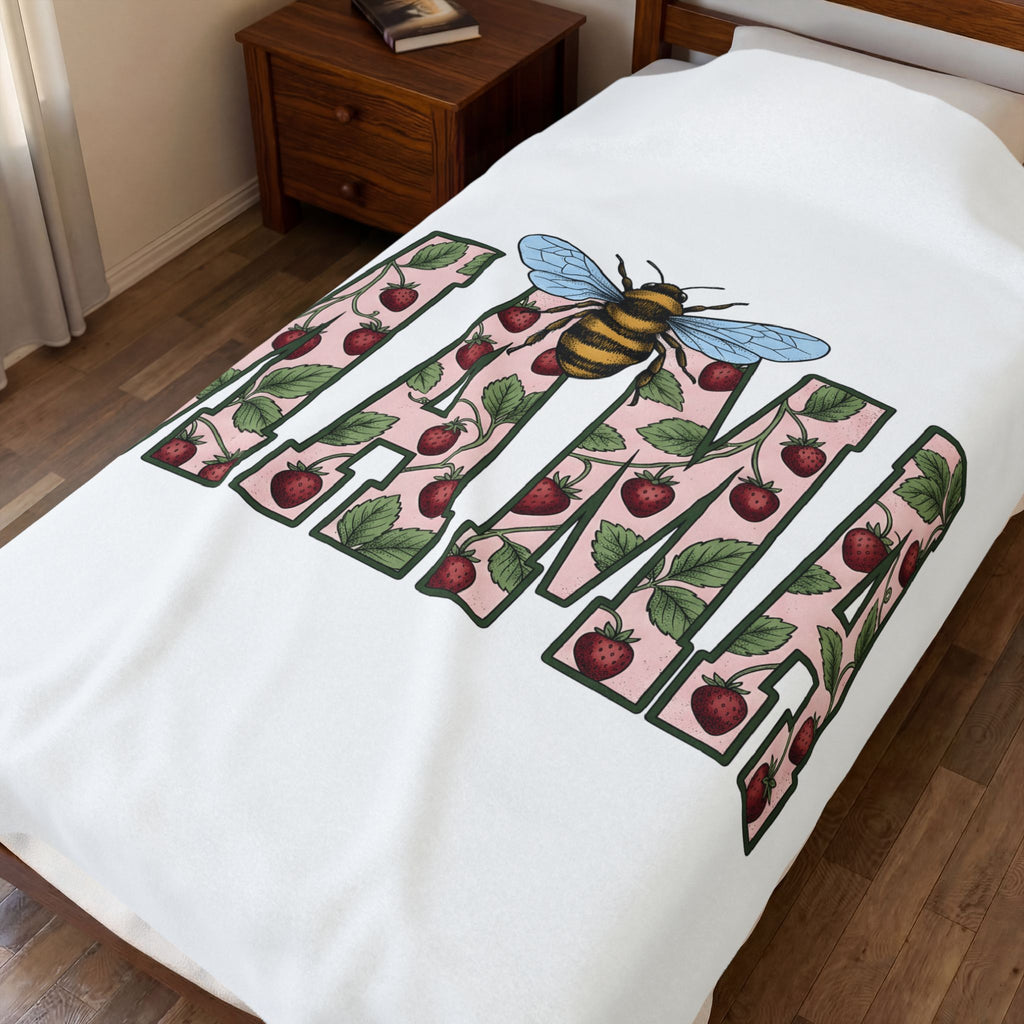 Honeybee Strawberry Art Blanket Moms Outdoors Gift Women Floral Blanket Bee Blanket Mom Fan Botanical Blanket Adventure Graphic Retro Foliage